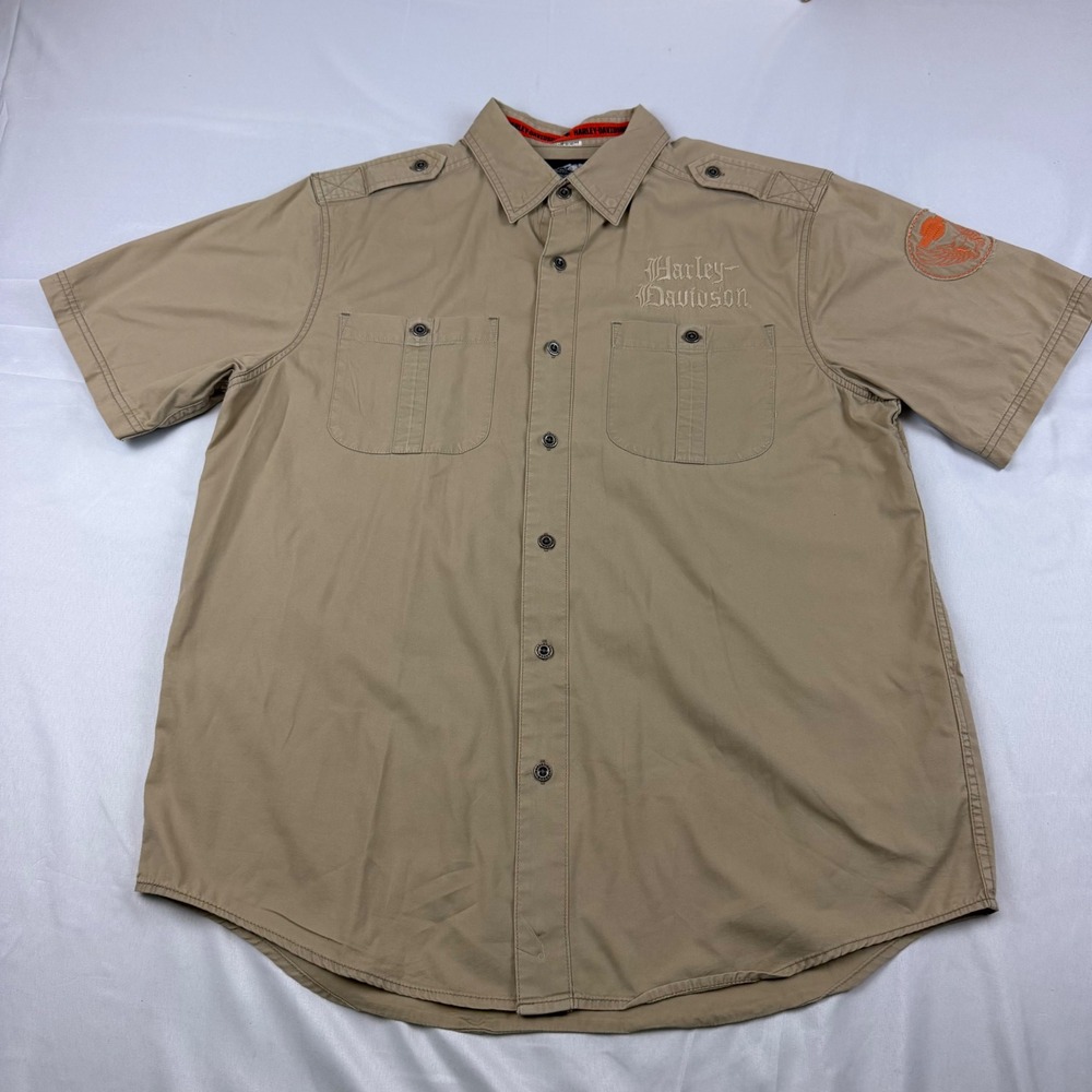 Harley Davidson Button Down Shirt Mens Large Tan Embroidered Short Sleeve Cotton